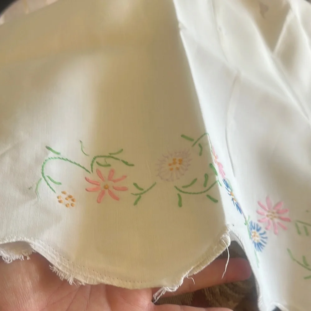 Vintage Pair of Floral Hand Embroidered Linen King Scalloped Edge Pillowcases.